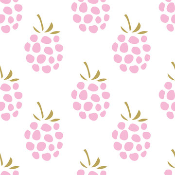 Pink raspberry on the white background. Vector seamless pattern with sweet summer garden berry.