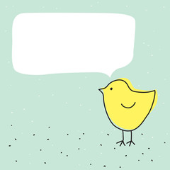 Cute funny little yellow bird with talking bubble. Kid chicken