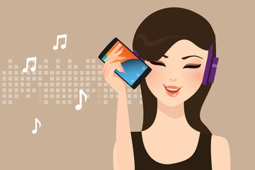 woman girl female listening to music streaming online with smart phone wearing head set wire less