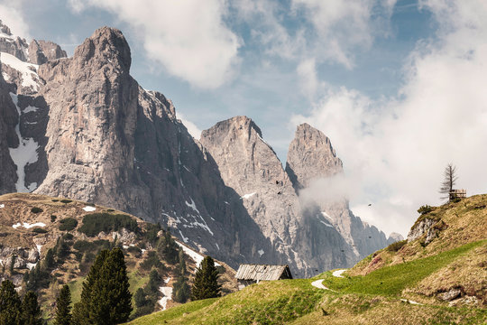 Dolomites; view on Sella group, Alta Badia, South Tyrol, Italy