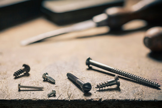 Close-up of different sized screws