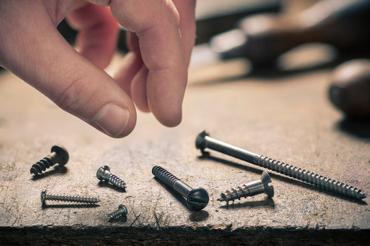Close-up of hand above different sized screws