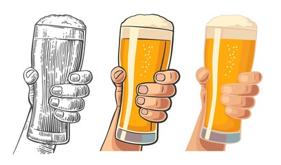 Male hand holding a beer glass. Flat and engraving style