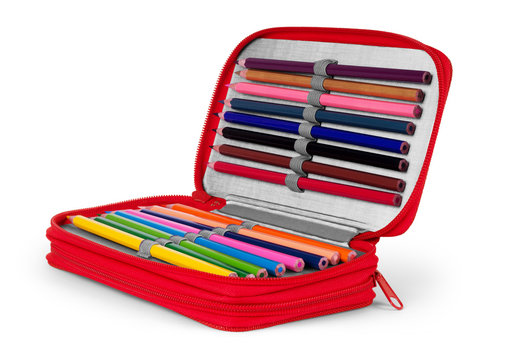 Writing and drawing tools in a pencil box for school, office and