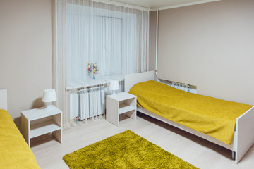 The hostel interior - bedroom. beautiful interior. bed.