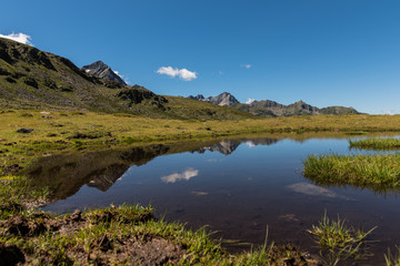 Fototapeta na wymiar Wonderful mountain lake reflections during summer in Kühtai Austria