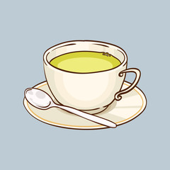 Cup of green tea with saucer and teaspoon. Vector hand drawn illustration, gray background