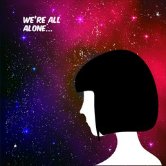 We are all alone concept illustration. Human head on galaxy space background