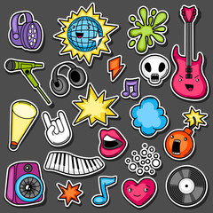 Music party kawaii sticker set. Musical instruments, symbols and objects in cartoon style