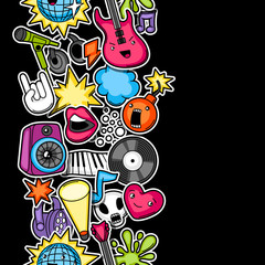 Music party kawaii seamless pattern. Musical instruments, symbols and objects in cartoon style