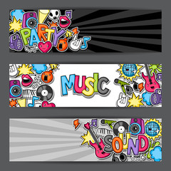 Music party kawaii banners. Musical instruments, symbols and objects in cartoon style