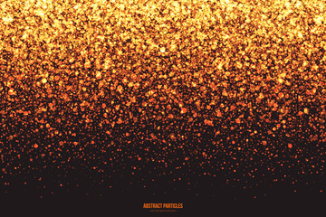 Abstract bright golden shimmer glowing round falling particles vector background. Scatter shine tinsel light explosion effect. Burning sparks. Celebration, holidays and party illustration