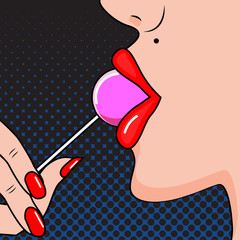 Obraz premium Sexy woman red lips licking lollipop candy. Vector illustration in comic pop art style