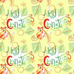 Merry Christmas, Watercolor, Hand lettering. Seamless pattern, 