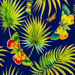 Fototapeta na wymiar Palm leaves on the white background. Watercolor with tropical plants.