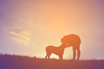 Naklejka na ściany i meble Silhouette women and dog playing at sunset