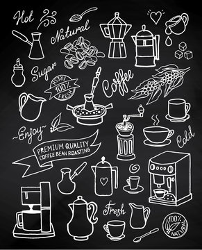 Hand drawn vector coffee set with ingredients, dishes, devices on blackboard