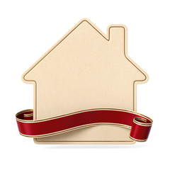Curled red ribbon banner with house silhouette card