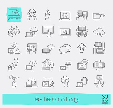 Collection of flat line e-learning icons. Icons of distance learning, cloud computing, online learning and e book.