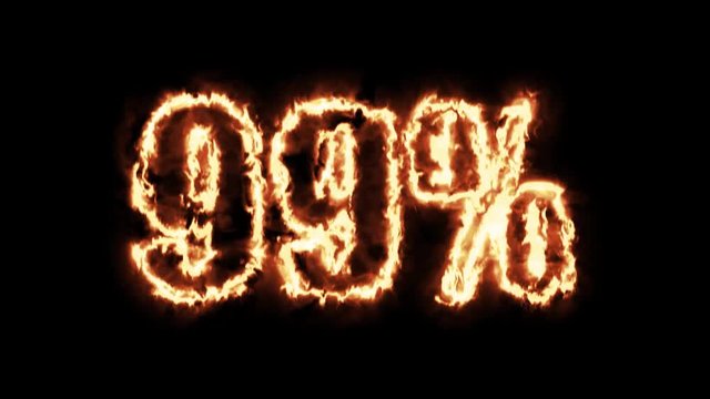 99 percent off burning text in hot fire on black background in 4k ultra hd