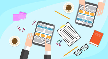 Business People Read Newspaper, Hands Tablet News Desk Office