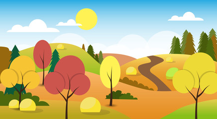 Obraz na płótnie Canvas Autumn Landscape Forest Road Blue Cloud Sky Tree