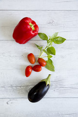 Pepper, basil, cherry tomatoes and aubergine