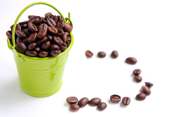 Small Metal Bucket with Coffee Beans  on white background   