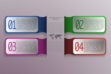 4 option infographics with 3D rectangle objects in modern style and colors. World map with text and four business banners on gradient background - can be used as infographic, diagram.