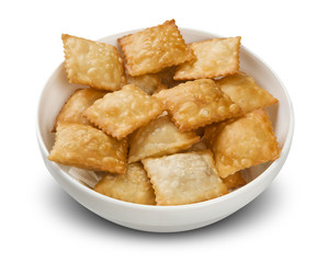 Deep fried stuffed pastry. Brazilian food pasteis on the table.
