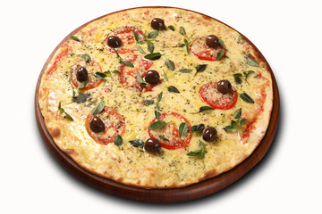 Pizza cheese with traditional tomato. White background