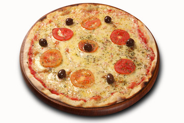 Pizza cheese with traditional tomato. White background