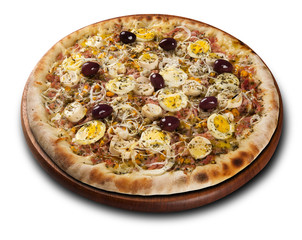 Pizza Palmetto, on wooden board on white background.