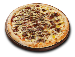 Pepperoni Pizza, on wooden board isolated on white background.