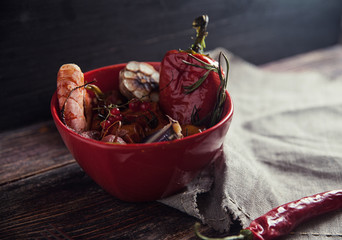 food on wooden table with napkin