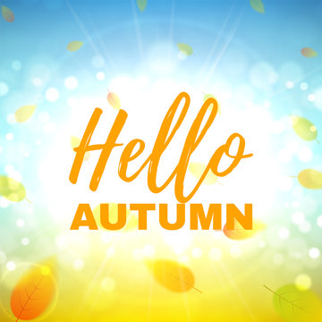 Hello autumn banner. Beautiful background with the falling leaves. Vector illustration.