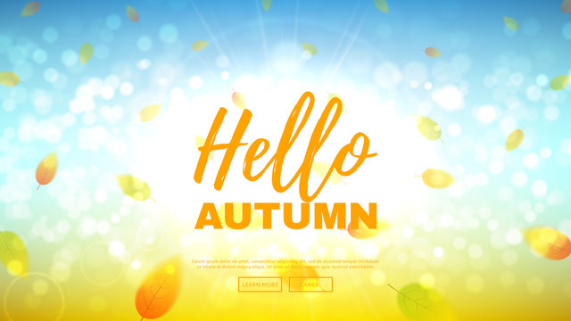 Hello autumn web banner. Beautiful background with the falling leaves. Vector illustration.
