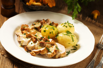Roasted chicken breast served in a mushroom chanterelle sauce.
