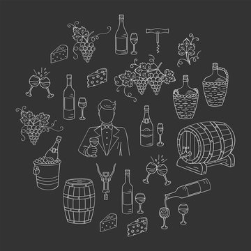 Wine and wine making set vector illustrations hand drawn doodle, bottles, glasses, grapes, sommelier, wine tasting, cheese, champagne, barrels, cellar. Wine design elements on chalkboard.