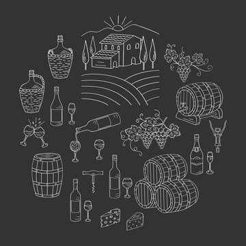 Wine and winemaking set vector illustrations hand drawn doodle, vineyard, bottles, glasses, grapes, barrels, cellar. Wine design elements on chalkboard.