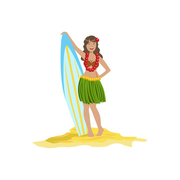 Woman In Classic Hawaiian Outfit Holding Surf Board
