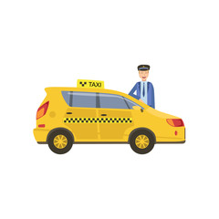 Driver In Uniform And Yellow Taxi Car