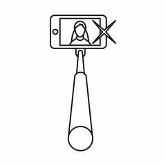 Selfie stick with mobile phone icon in outline style isolated on white background. Device symbol vector illustration