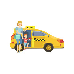 Mother With Daughter Entering Yellow Taxi Car