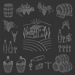 Wine and wine making set vector illustrations hand drawn doodle, vineyard , bottles, glasses, grapes, barrels, cellar. Wine design elements on chalkboard.