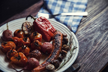 food on wooden table with napkin