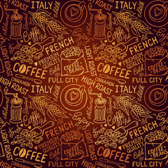 Hand-drown seamless vector coffee pattern. Brown color