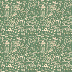 Hand-drown seamless vector coffee pattern.