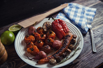 food on wooden table with napkin