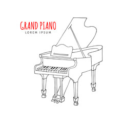 Grand piano vector illustration hand drawn doodle isolated. Musical instrument sketch. Music icon
